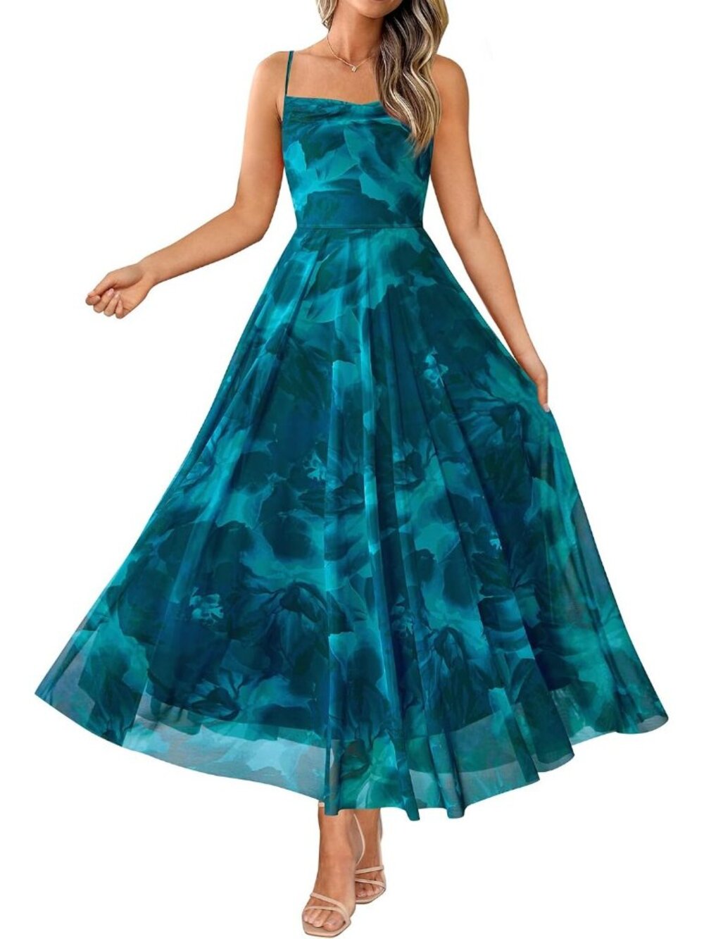Women's Blue Green Summer Cowl Neck Spaghetti Strap Floral Elegant Maxi Dresses